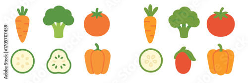 Vibrant assortment of fresh healthy vegetables: whole and sliced carrots, broccoli, tomatoes, zucchini, bell peppers