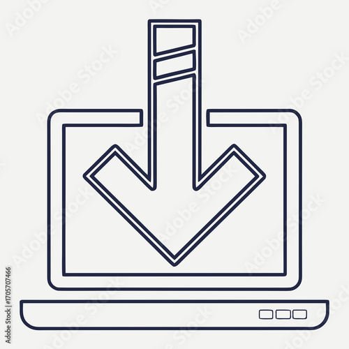 Digital download icon with a laptop computer screen and a large downward pointing arrow graphic representing data transfer