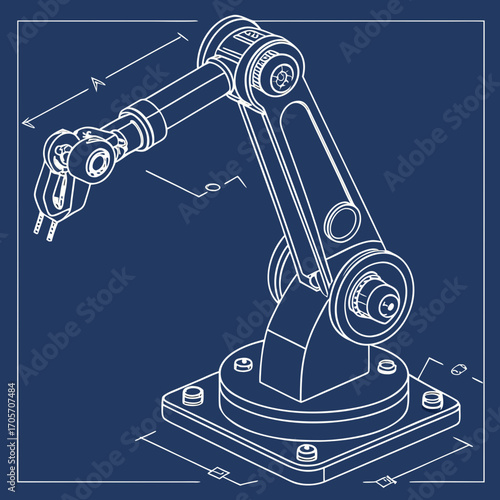 Detailed technical blueprint illustration of a robotic arm with dimensions and annotations on a dark blue background