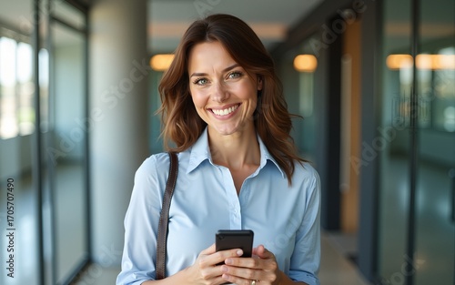 Happy mature professional business woman using cell phone at office, portrait. Smiling mid age 45 years old businesswoman executive standing at work lobby holding smartphone looking at camera.