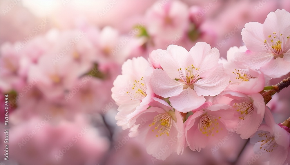 Obraz premium Delicate Pink Cherry Blossom Flowers In Soft Focus Blooming Petals With Subtle Hues Ideal For Springtime And Floral Backgrounds Nature And Beauty