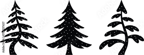 Snow-covered pine trees, winter forest landscape, black and white illustration, seasonal nature scene, snowy Christmas background, vector graphic design