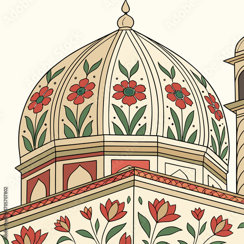 Intricate floral patterns adorn a mughal architectural dome and facade with rich red green and beige color palette