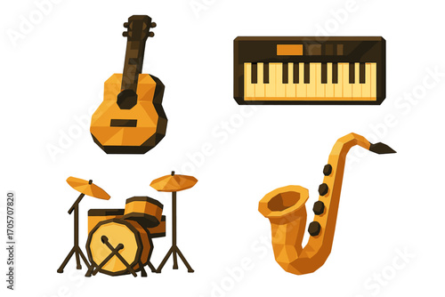 Low poly musical instruments set with acoustic guitar, keyboard, drum kit, and saxophone in geometric style