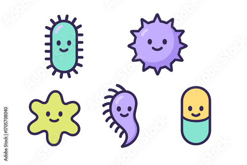Friendly cartoon microbes and bacteria with smiling faces, a vibrant collection of microscopic organisms for biology and health concepts