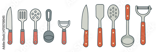 Assorted kitchen tools with red handles: knives, spatulas, peelers, and ladles