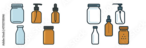 Collection of assorted glass bottles and jars with caps and dispensers