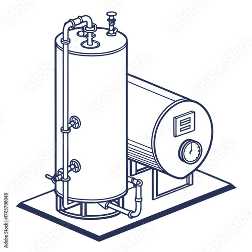 Isometric line drawing of industrial water heater tank with pipes valves and pressure gauge on a platform