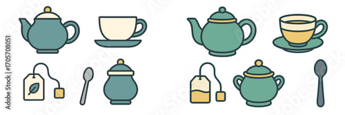Stylized tea and coffee service elements: teapots, cups, sugar bowls, spoons