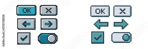 Pixel art interface icons for UI design with OK, close, arrows, checkmark, and toggle switch