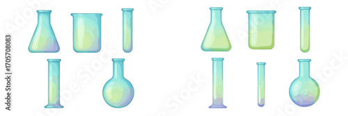 Assorted laboratory glassware with smooth color gradients, featuring flasks, beakers, and tubes