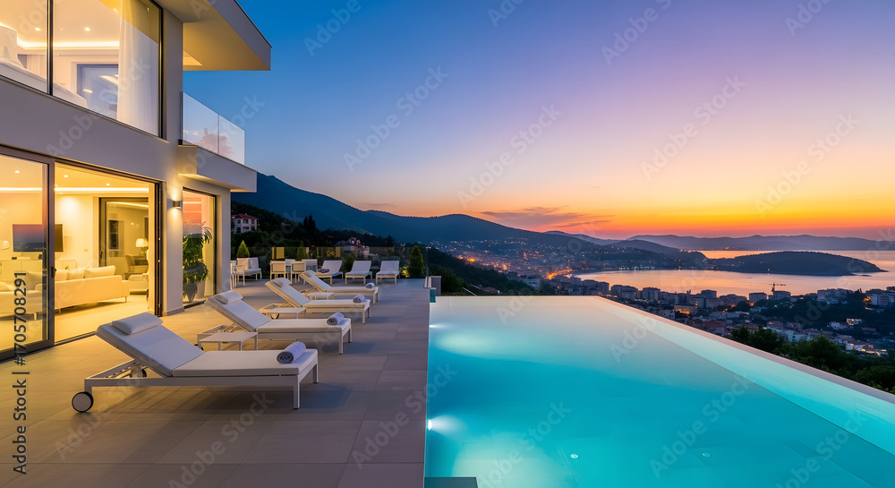 Fototapeta premium Luxury villa with infinity pool overlooking the coast at sunset