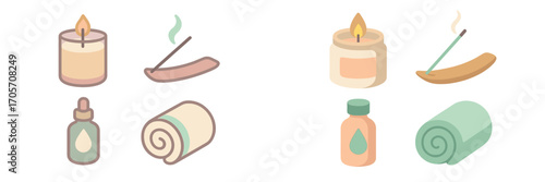 Spa and wellness icons: candles, incense, essential oil, and rolled towels