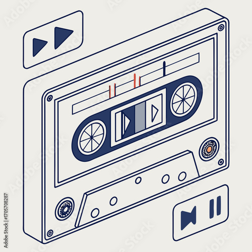 Retro audio cassette tape with play and pause buttons in a minimalist isometric illustration style