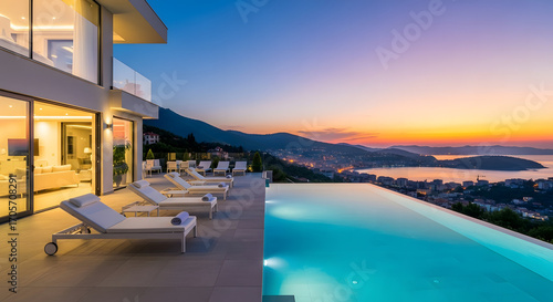Luxury villa with infinity pool overlooking the coast at sunset