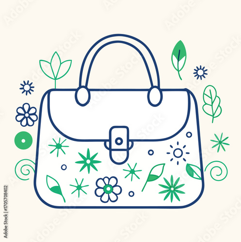 Vector illustration of a stylish paper handbag with green flowers, a perfect gift for shopping and fashion