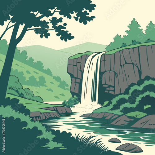 Serene natural landscape illustration featuring a cascading waterfall flowing over rocky cliffs into a clear river surrounded by lush green trees and rolling hills