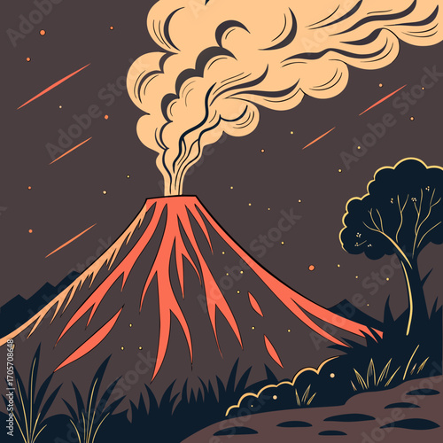 Stylized illustration of a dramatic volcanic eruption at night with smoke plumes and falling meteors in the dark sky