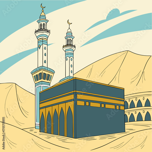 Stylized illustration of the kaaba and minarets in mecca against a backdrop of desert hills and sky