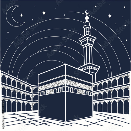 Stylized illustration of the kaaba and minaret under a starry night sky with a crescent moon and arched structures
