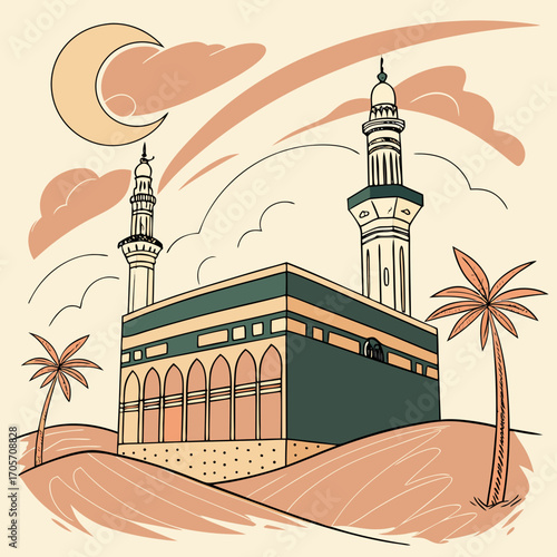 Stylized illustration of the kaaba in mecca with crescent moon and palm trees against a desert landscape and cloudy sky