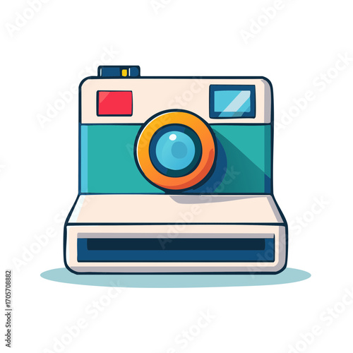 Cartoon illustration of a retro instant camera with a colorful design