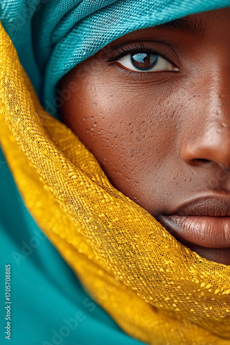 Woman with a scarf wrapped around her face. The scarf is yellow and blue