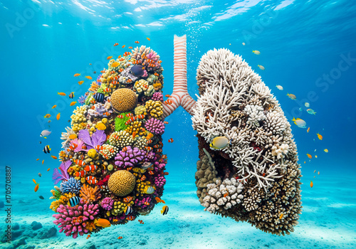 Fototapeta Naklejka Na Ścianę i Meble -  Human lungs made of coral reef, one side vibrant and healthy, the other bleached and dead. Concept of environmental impact.