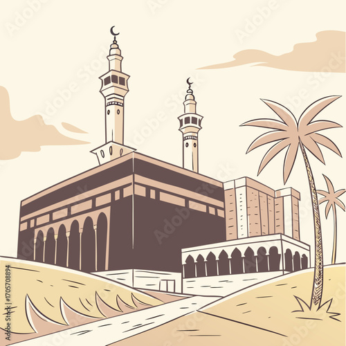 Stylized illustration of the kaaba in mecca with minarets and palm trees under a cloudy sky