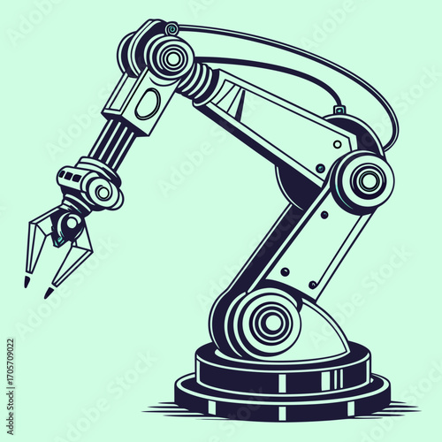Stylized robotic arm with a claw gripper in a dark blue outline against a light blue background symbolizing automation and industry