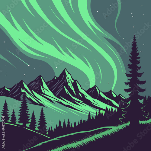 Vibrant green aurora borealis dances above majestic snow capped mountains and dark pine forest silhouette under starry night sky