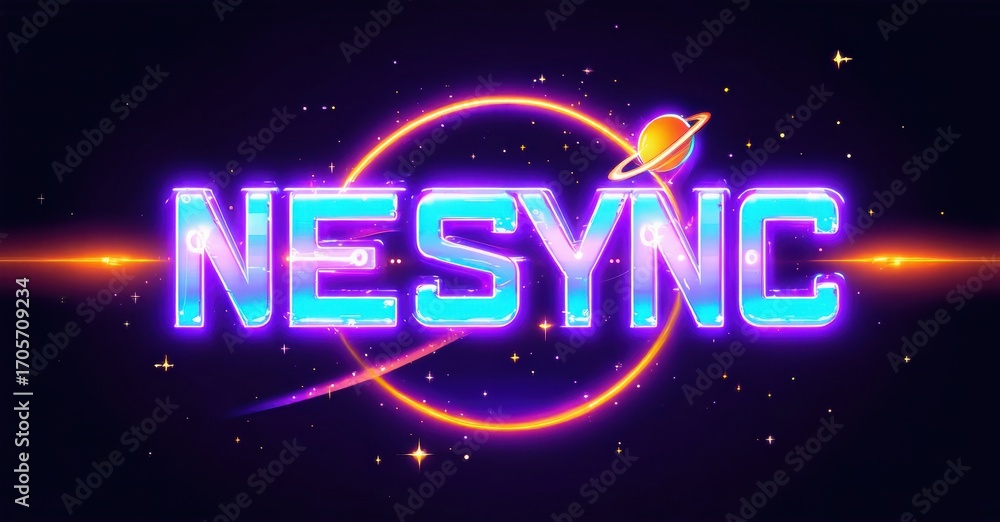 Naklejka premium Retro design features NSYNC text, vibrant colors, planets, stars. Cosmic aesthetic evokes nostalgia, pop culture vibes.