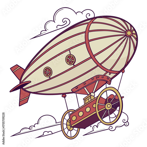 Whimsical steampunk airship with retro design and vintage wheels floating amongst stylized clouds