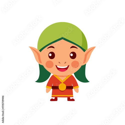 Cute cartoon elf character wearing green cap and red tunic with gold belt