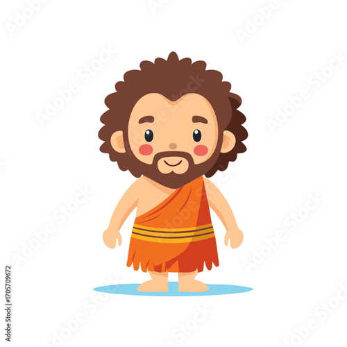 Cartoon caveman illustration with curly hair and orange toga in a flat design style for children's books and educational material