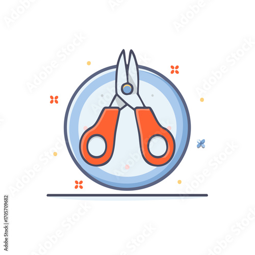 Orange handled scissors icon with blue circular background and small decorative elements