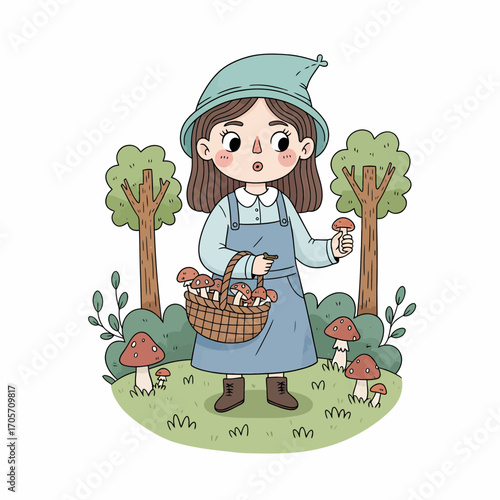 Whimsical illustration of a young girl foraging for mushrooms in an enchanted forest setting
