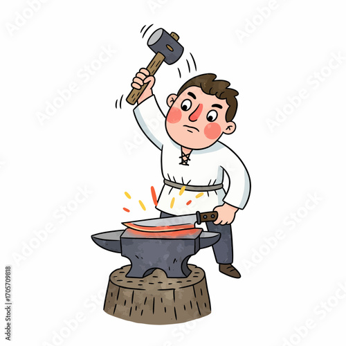 Blacksmith at Work Forging Metal on Anvil with Hammer, Crafting a Sword in Studio