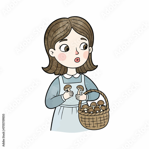 A surprised young girl discovers a basket full of fresh wild mushrooms while foraging in the forest
