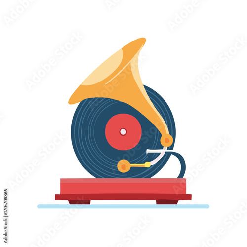 Stylized Gramophone with Vinyl Record Retro Music and Nostalgic Aesthetics on a White Background