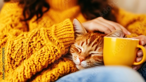 Tableau sur toile Cozy Autumn Afternoon with Cat and Mug in Warm Sweater