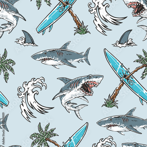 Sharks and surfboards create lively beach pattern