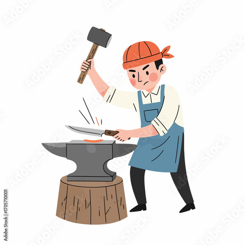 Focused artisan blacksmith character forging a sharp steel knife blade on an anvil with a hammer