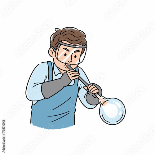 Illustration of a skilled artisan glassblower carefully shaping molten glass with a blowpipe