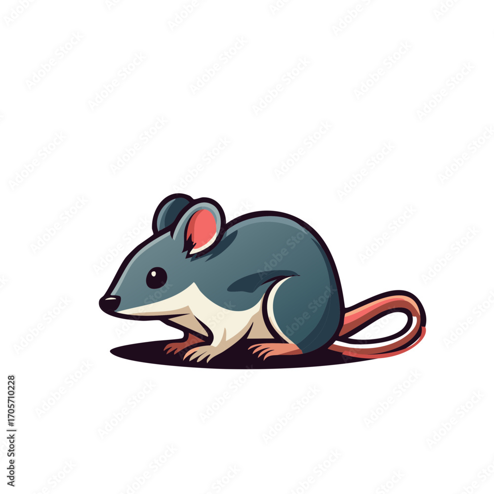 Fototapeta premium Cute gray cartoon mouse illustration with pink ears and long tail vector art