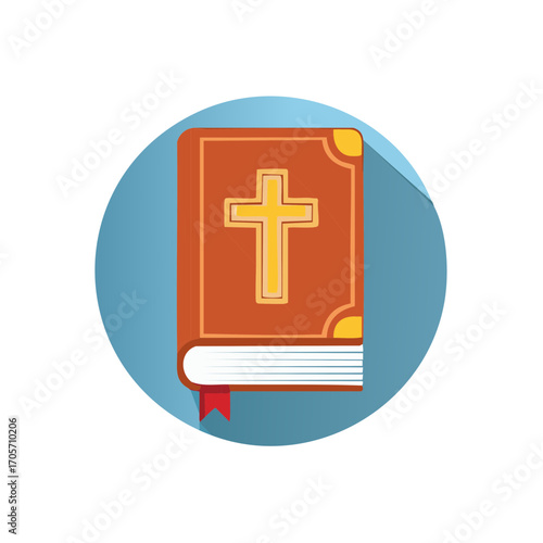 Flat design illustration of a traditional religious book featuring a prominent golden cross symbol on its cover