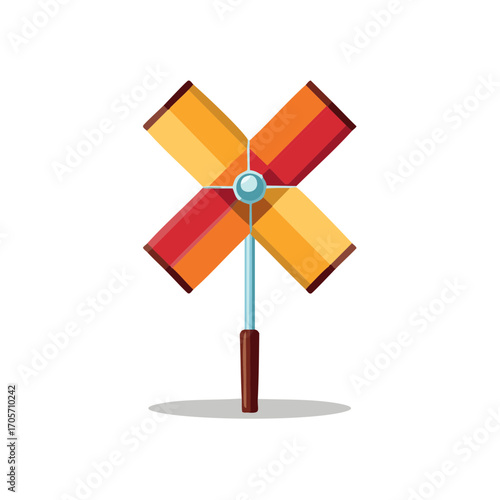Colorful pinwheel toy with red and yellow blades on a light blue stick and brown handle