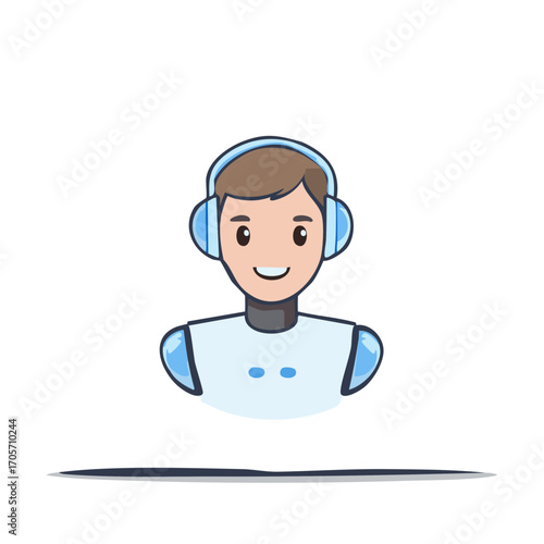 Cartoon Robot with Headphones Smile Modern Design Cute Mascot Avatar Customer Service AI Assistant Concept