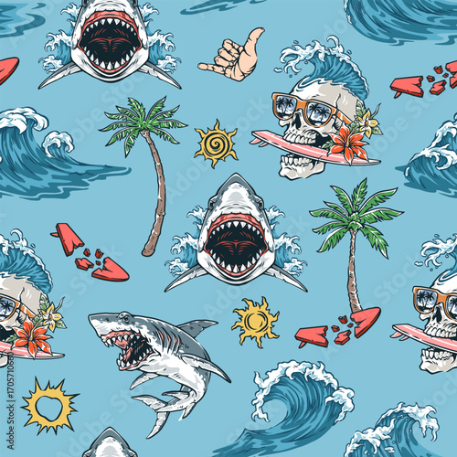 Shark and palm tree beach pattern