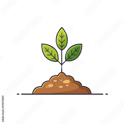 Young plant growing from soil simple line art illustration, seedling with green leaves concept, new life sprout icon, beginning vector design